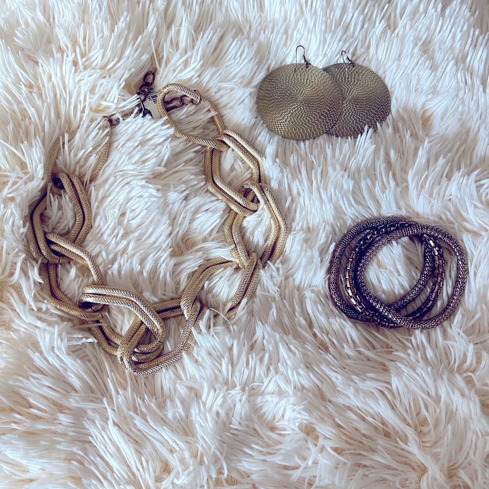 NWT.  3 Piece Bundle of Jewelry.  Gold. Necklace. Earrings. 3 Bracelets.